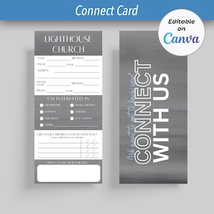 May include: A grey and white connect card with the text "Connect Card" at the top. The card includes fields for name, phone, email, and interests. The back of the card says "Connect With Us".