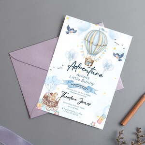 Inbjudan till babyshower med liten kanin, tema "Äventyr väntar", akvarell luftballong (digital nedladdning)