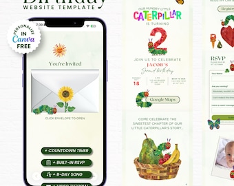 Op de afbeelding: Een digitale verjaardag website sjabloon met een smartphone die een uitnodiging toont met een zonnebloem en rups illustratie. Het ontwerp bevat secties voor een cadeaulijst, een RSVP-formulier en een afteltimer voor het evenement.