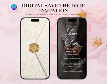 May include: Two smartphones displaying a digital save the date invitation. The left screen shows a cream envelope with a gold wax seal. The right screen shows a wedding announcement with the text Emma & Caden Smith, Sunday, 1 January 2030.