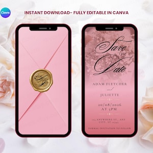 May include: Two smartphones displaying a digital wedding invitation design. The left screen shows a pink envelope with a gold wax seal featuring the initials AP. The right screen displays a pink Save the Date card with floral details and text.
