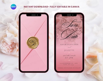 May include: Two smartphones displaying a digital wedding invitation design. The left screen shows a pink envelope with a gold wax seal featuring the initials AP. The right screen displays a pink Save the Date card with floral details and text.