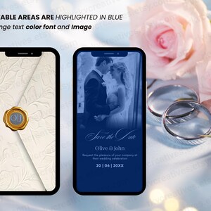 May include: Two smartphones displaying digital wedding invitation templates. One screen shows a cream envelope with a gold wax seal, the other shows a blue-toned photo of a couple with the text Save the Date, Olive & John, and 20 | 06 | 20XX.