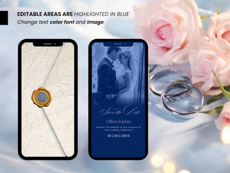 May include: Two smartphones displaying digital wedding invitation templates. One screen shows a cream envelope with a gold wax seal, the other shows a blue-toned photo of a couple with the text Save the Date, Olive & John, and 20 | 06 | 20XX.