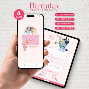 May include: A digital birthday website template displayed on a smartphone and tablet screen. The interface features Bluey characters, a pink envelope graphic with the text 'CLICK THE ENVELOPE TO OPEN', and a 'KINDLY REPLY' form with a Bluey character playing a keyboard.