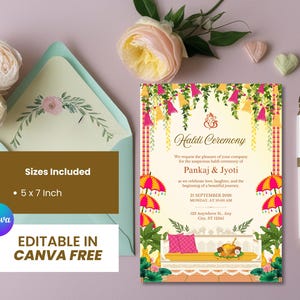 May include: A wedding invitation with the text "Haldi Ceremony" and the names "Pankaj & Jyoti". The invitation is decorated with floral and umbrella motifs. The text "Sizes Included" and "5 x 7 Inch" are also visible. The invitation is editable in Canva.
