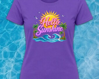 Hello Sunshine Shirt | Summer Beach Tee for Women | Tropical Palm Tree Graphic T‑Shirt | Cute Sunshine Aesthetic Top | Vacation Gift