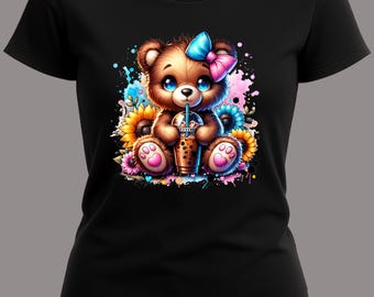 Teddy Bear Boba T-Shirt: Kawaii Pastel Graphic Tee with Sunflowers