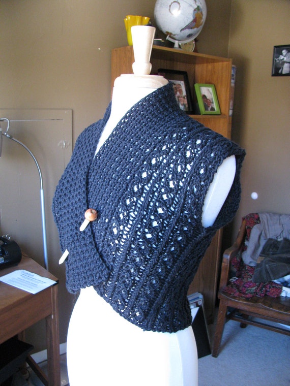 Items similar to Knit Lace Vest--in black cotton with shawl pin on Etsy