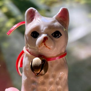 So Sweet! Vintage Porcelain Kitty Cat Figurine With Brass Bell Tabby Figure Extremely Cute Excellent!