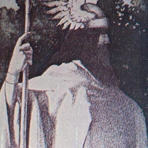 May include: An illustration of a figure wearing a feathered headdress and a draped garment, holding a staff. The artwork is in a vintage style, with a muted color palette and a background of trees and clouds.