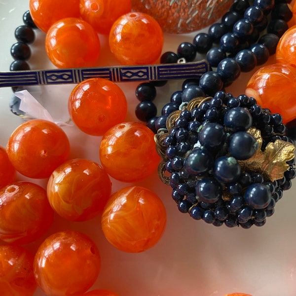 Sweet Vintage Lot of Destash Rework Beads Orange Navy Blue Brass Clasp For Necklace Lucite Pins Brooch