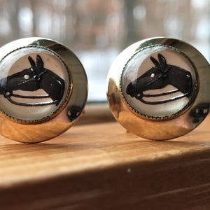 Cool Vintage Goofus Glass Equestrian Horse Glass Carved Gold Studded Cuff Links Art Deco Fabulous Vintage Condition!