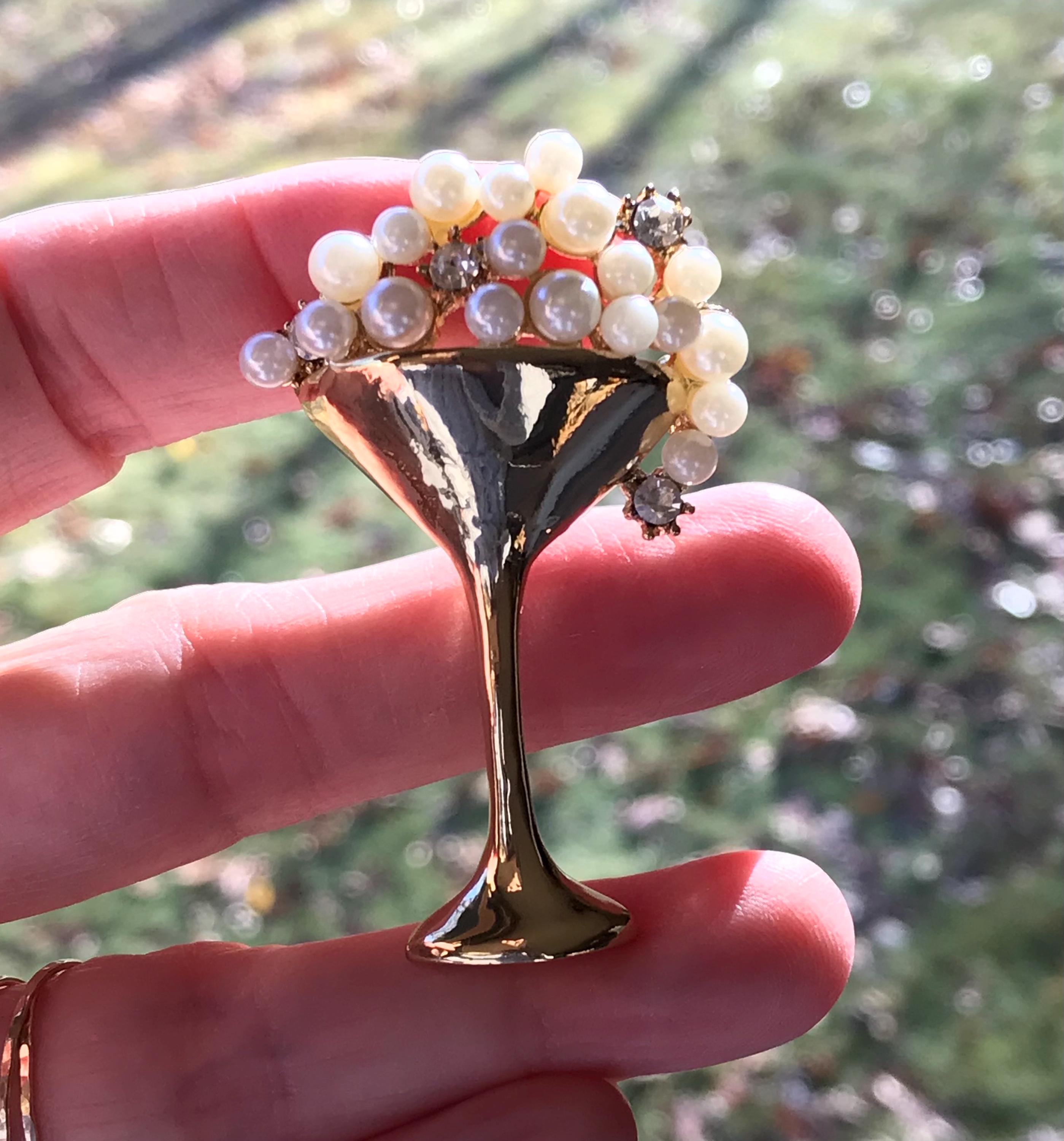 Vintage Champagne Glass Gold Bubbly Pearl Cocktail Brooch Pin 
