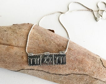 Men's Cameo Judaica Pendant.  Sterling Silver Kabbalah Pendant. Handmade Hebrew Unisexs Pendant.