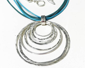 Hoops Pendant Necklace with Turquoise Traps. Sterling Silver Circles Necklace