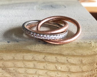 14K Gold Russian Wedding Ring - Trinity Rolling Ring with Cubic Zirconia