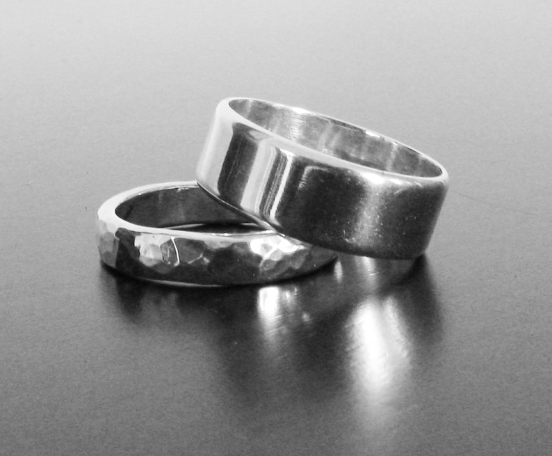 His and Her Flat Edge Engagement Band Set Sterling Silver wedding Band Rings Set