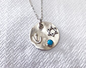 Star of David Round Charm Pendant with Turquoise &  Shin Letter.  Handmade Sterling Silver Cameo Charm - מגן דוד  מכסף