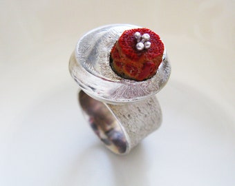 Size 7.5 (US)  Ready to Ship Sterling Silver & Natural Coral Cocktail Ring. .