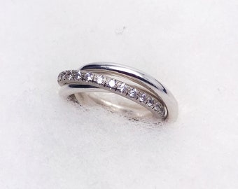 Russian Wedding Ring. 14K White Gold Engagement Rolling Ring. Triple Bands Infinity Ring with Zirconia. Fine Jewelry.