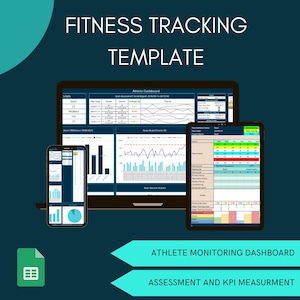 May include: A digital fitness tracking template displayed on a laptop, tablet, and smartphone. The screens show data visualizations and charts. Text at the top reads "FITNESS TRACKING TEMPLATE." Below, the text reads "ATHLETE MONITORING DASHBOARD" and "ASSESSMENT AND KPI MEASURMENT."