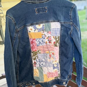 Denim upcycled jacket with floral/pastel PATCHWORK quilted back