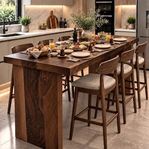 May include: A long, rectangular dark wood dining table with a thick slab top and sturdy panel legs, surrounded by four wooden bar stools featuring light gray upholstered seats. The table is set with plates, glasses, and bowls of food.