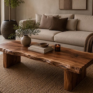 May include: A low-profile coffee table crafted from a single slab of dark brown wood with a natural live edge. The table features a smooth, polished surface showing prominent wood grain patterns and is supported by two thick, sturdy wooden block legs.