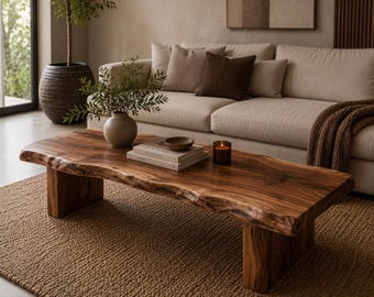 Handmade Solid Walnut Wood Coffee Table | Rustic Modern Living Room Table | Scandinavian Style Furniture | Natural Wood Coffee Table