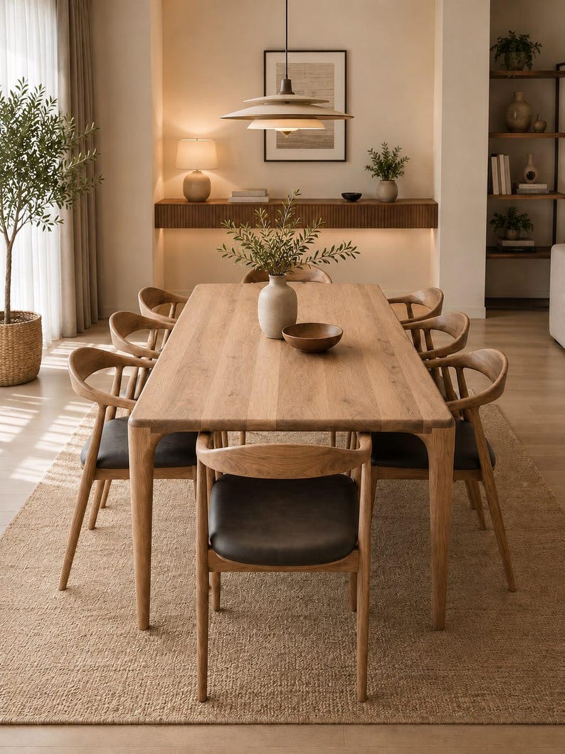 May include: A rectangular light oak dining table with eight matching wooden chairs featuring curved backrests and dark gray upholstered seats. A ceramic vase with green branches and a small wooden bowl sit in the center of the table.