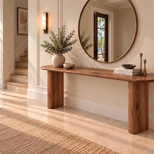 Peut inclure: Une console en bois longue et &eacute;troite avec un plateau aux bords arrondis et deux pieds pi&eacute;destaux &eacute;pais et incurv&eacute;s. La table pr&eacute;sente une finition en grain de bois brun moyen chaleureux et est plac&eacute;e contre un mur sous un grand miroir mural rond.