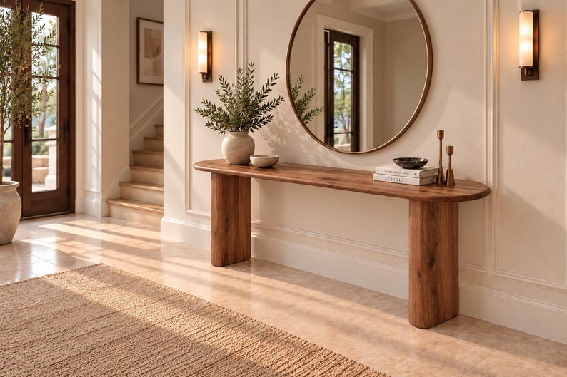 Peut inclure: Une console en bois longue et &eacute;troite avec un plateau aux bords arrondis et deux pieds pi&eacute;destaux &eacute;pais et incurv&eacute;s. La table pr&eacute;sente une finition en grain de bois brun moyen chaleureux et est plac&eacute;e contre un mur sous un grand miroir mural rond.
