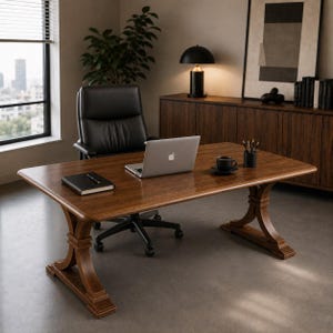 Puede incluir: Un escritorio rectangular de madera con un acabado marrón liso y una base de caballete. Sobre el escritorio hay un portátil plateado, un cuaderno negro con un bolígrafo y una taza negra sobre un platillo junto a un portalápices.