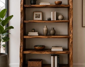 Bücherregal aus massivem Walnussholz | Handgefertigtes Bücherregal aus Holz | Modernes rustikales Bücherregal | Ausstellungsregal mit Baumkante | Sonderanfertigungen möglich