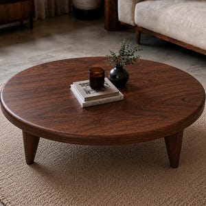 Könnte beinhalten: Ein runder Couchtisch aus dunkelbraunem Holz mit drei konisch zulaufenden Beinen. Auf der Tischplatte liegen zwei gestapelte Bücher, ein kleiner Kerzenhalter aus bernsteinfarbenem Glas und eine kleine schwarze Vase mit grünem Blattwerk.