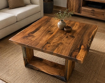Luxury Solid Walnut Living Room Coffee Table, Handmade Live Edge Wood Sofa Table, Rustic Modern Furniture, Natural Edge Wooden Table, Custom