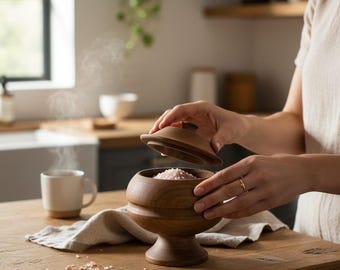Handmade Walnut Salt Cellar with Lid, Farmhouse Kitchen Decor, Natural Wood Spice Container, Gift for Home Chef