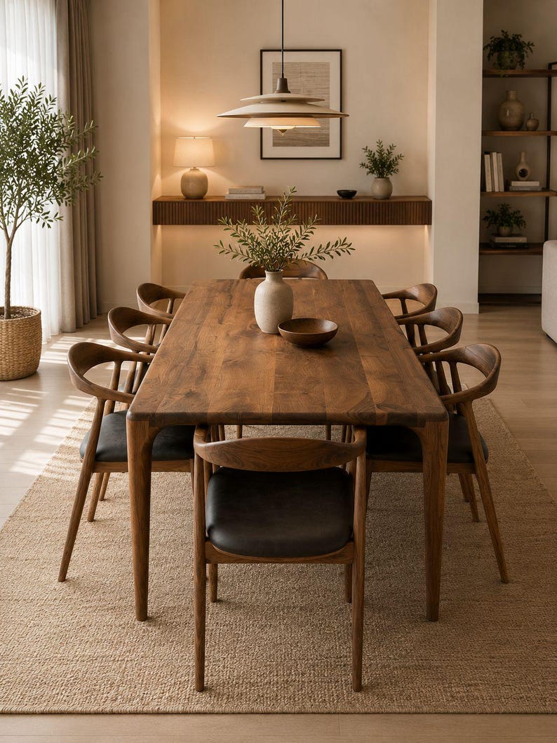 May include: A rectangular wooden dining table with a natural grain finish, accompanied by six matching wooden chairs featuring curved backrests and dark upholstered seats. A ceramic vase with green branches sits in the center of the table.