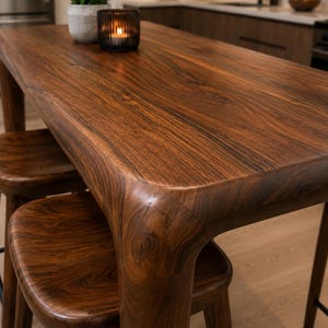 May include: A rectangular wooden table with a dark brown finish and visible grain patterns, featuring rounded corners and thick legs. Two matching wooden stools with contoured seats are positioned underneath the table, each supported by a black metal footrest.