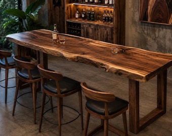 Solid Walnut Live Edge Bar Table, One Piece Wood Bar Table, Tall Pub Table, Handmade Wooden Legs, Rustic Kitchen Island