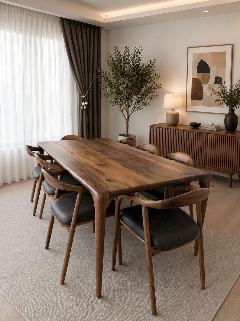 May include: A rectangular dining table crafted from dark brown wood with a smooth grain, accompanied by six matching chairs featuring curved wooden backrests and black upholstered seats, arranged around the table on a light-colored area rug.