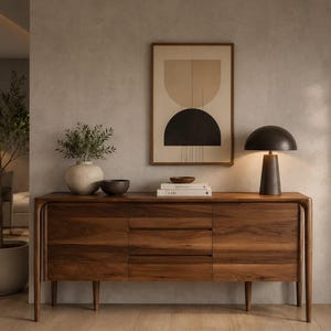 Peut inclure: Un long buffet en bois doté de trois tiroirs centraux et de deux placards latéraux, surmonté d'un vase clair, d'un bol sombre, de deux livres empilés et d'une lampe de table en forme de dôme. Une impression abstraite encadrée est fixée au mur.