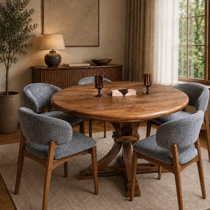 May include: A round wooden dining table with a pedestal base, surrounded by four chairs featuring wooden frames and textured blue-grey fabric upholstery. Two dark glass goblets and a small rectangular wooden tray sit on the tabletop.