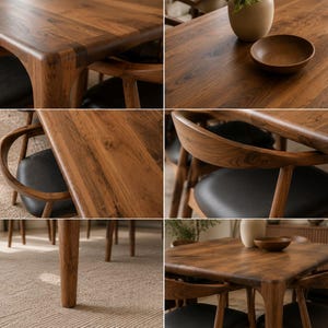 May include: A dining set featuring a rectangular wooden table with rounded corners and matching chairs. The chairs have curved wooden backrests and black upholstered seats. The wood has a visible grain pattern in a medium brown tone.