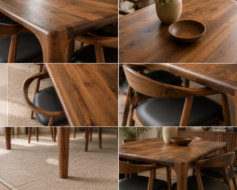 May include: A dining set featuring a rectangular wooden table with rounded corners and matching chairs. The chairs have curved wooden backrests and black upholstered seats. The wood has a visible grain pattern in a medium brown tone.