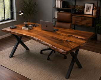 Escritorio de oficina de nogal con borde natural, escritorio ejecutivo de madera maciza, muebles de oficina en casa hechos a mano, tamaño personalizado.