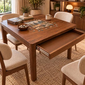 Op de afbeelding: Een vierkante houten tafel met een gladde bruine afwerking en een uitschuifbare lade met metalen geleiders. Het tafeloppervlak bevat een gedeeltelijk gelegde legpuzzel, een houten kom met puzzelstukjes, een boek en een witte keramische mok.