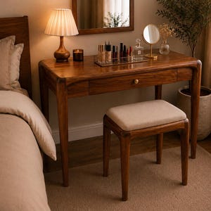 May include: A wooden vanity table with a single drawer and a matching stool featuring a beige upholstered seat. The table holds a pleated lamp, a candle, a glass tray with various cosmetics, a small round mirror, and a glass vase with dried flowers.