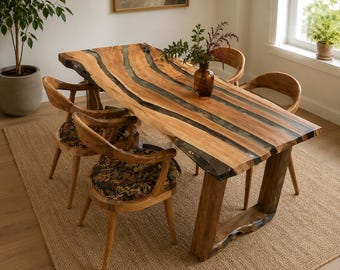 Live Edge Walnut Dining Table with Epoxy Details, Handmade Solid Wood Table, Custom Size Dining Table, Modern Farmhouse Furniture